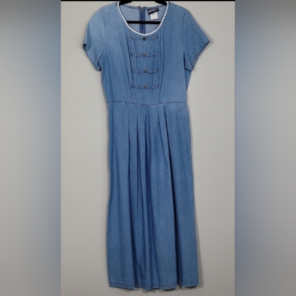 Vintage Chambray Prairie Maxi Dress Size M Denim Cottagecore Modest Lace Trim